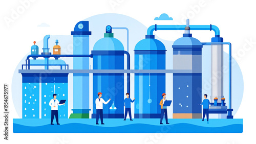 Industrial water filtration concept, polluted water treatment vector illustration, clean water process flat design