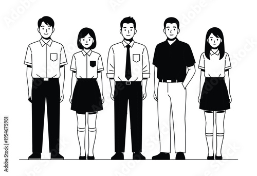 Group of five students in school uniforms standing together