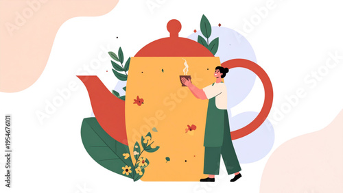 Happy woman holding oversized teapot, herbal tea drink concept, flat colorful whimsical vector illustration