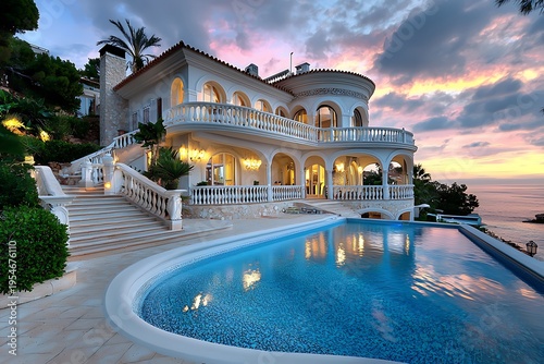 Luxury villa with swimming pool at sunset coastal location real estate photography tranquil environment wide-angle view