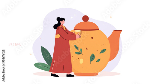 Happy woman holding oversized teapot, herbal tea drink concept, flat colorful whimsical vector illustration