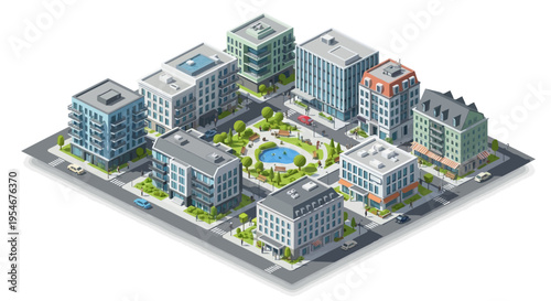Isometric City Block with Modern Buildings and Central Park