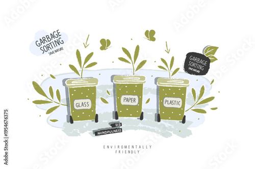 Vector hand drawn sketch of three waste baskets for glass, paper and plastiс. Environmentally friendly planet concept. Think Green. Garbage sorting. Zero waste Concept.