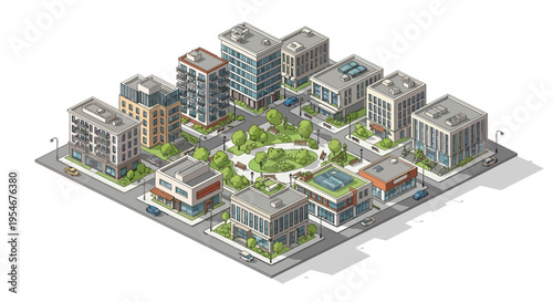 Isometric Cityscape: Modern Buildings, Park, and Streets with Cars