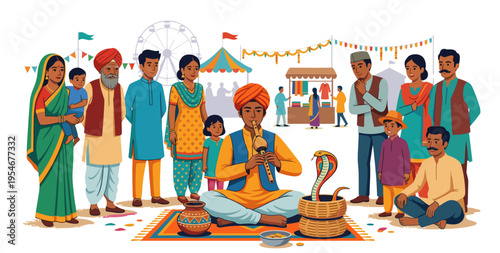 Indian Snake Charmer Entertaining Crowd at Village Fair