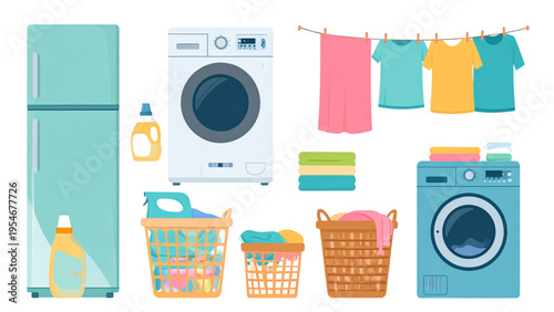 Laundry and washing clothes vector set with washing machine, detergent, clothesline and folded garments, flat colorful household cleaning illustration