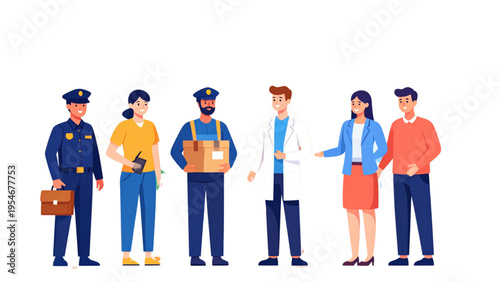 People knocking on door vector set with policeman, doctor, courier and guests, home entrance interaction, flat colorful illustration