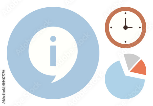 Information dissemination, time tracking, analytics, data management, productivity, communication. Speech bubble with info symbol, clock pie chart. Information sharing and time tracking concepts