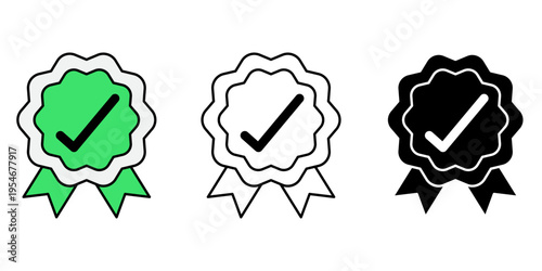 Quality Certification Check Mark Badge Icons: Green, Outline, and Solid Styles for Achievement and Approval.