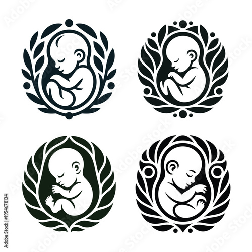 Prenatal baby fetus in womb protection vector icon set for pregnancy and maternity care design