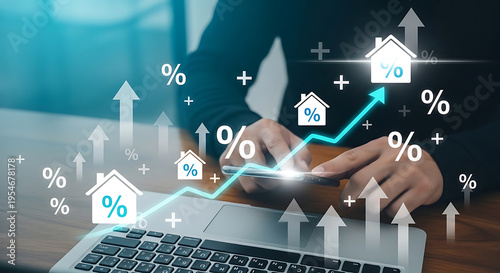 Person using smartphone and laptop with financial growth charts and house icons rising transparent background