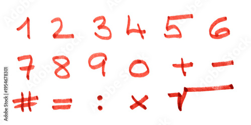  set of handwritten digits (0-9) and common mathematical symbols (plus, minus, equals, multiplication, hash, colon, and square root). Each character is drawn with a vibrant red marker 
