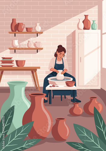 Vector illustration of a woman creating pottery on a spinning wheel in a bright studio, with shelves of finished ceramic pieces