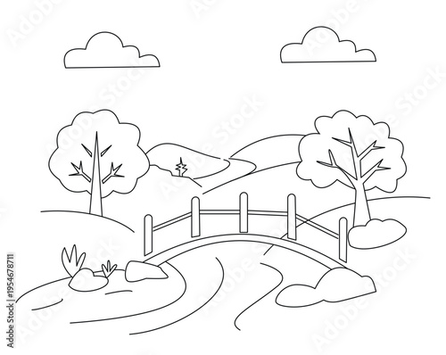 Landscape Drawing of a Scenic Natural Park with a Bridge and Trees