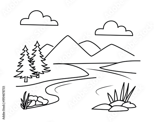 Landscape outline drawing featuring a scenic view of mountains a winding river and pine trees under a clear sky