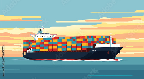 Commercial cargo ship carrying colorful containers in the ocean - vector illustration of global trade and shipping logistics