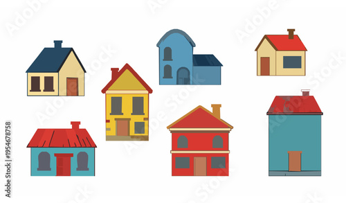 Tableau sur toile Childlike city houses vector illustration set colorful buildings on white backgr