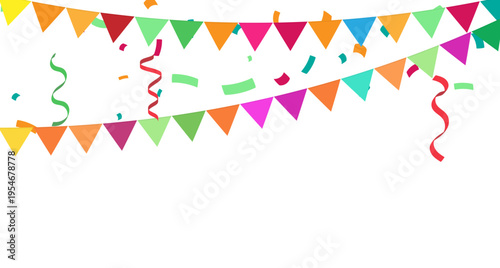 Colorful with bunting flags with confetti in transparent background 