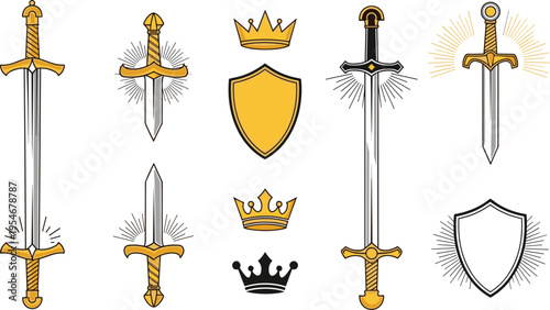 Royal swords and shields set with crowns medieval heraldic weapon icons vector illustration