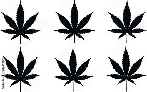 Cannabis leaf silhouette set, hemp marijuana weed plant icons, black botanical herbal medicine elements, legal medical ganja vector illustration, organic flora.