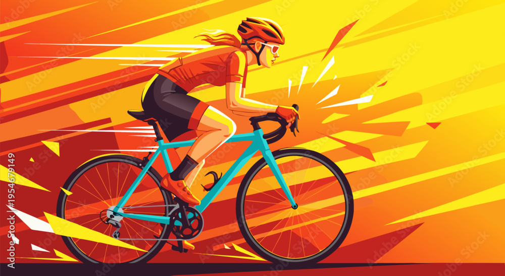 Fototapeta premium Dynamic vector illustration of a female cyclist in full stride, showcasing speed and determination with vibrant energy lines