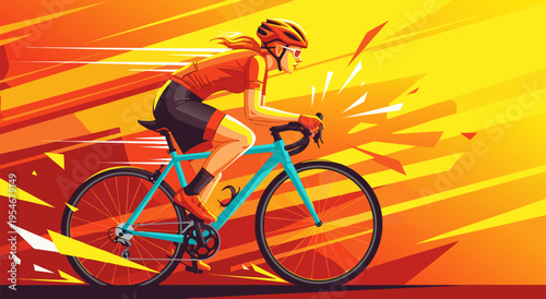 Dynamic vector illustration of a female cyclist in full stride, showcasing speed and determination with vibrant energy lines