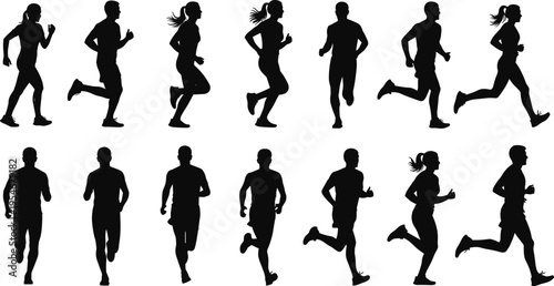 Black running silhouette set with men and women jogging icons for fitness workout sport marathon health and active lifestyle vector