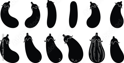 Black eggplant silhouette set with various aubergine icons for organic vegetable garden food design healthy cooking and farm market vector