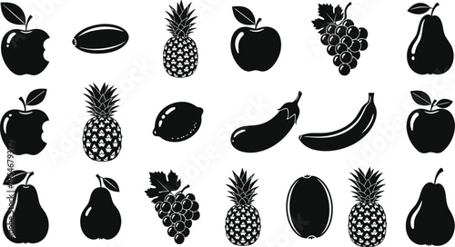 Black fruit and vegetable icon set with bitten apple banana pineapple eggplant pear grape lemon silhouette collection for organic food design