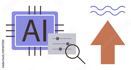 Artificial intelligence, data analysis, innovation, machine learning, technology advancement, information processing. AI chip with magnifying glass checking data and upward arrow. Artificial
