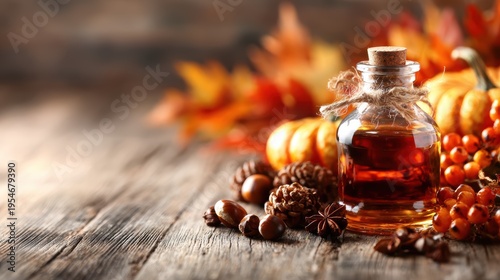 This image beautifully captures the essence of autumn with a glass bottle filled with a rich liquid, surrounded by colorful leaves, nuts, and pumpkins on a rustic wooden surface.