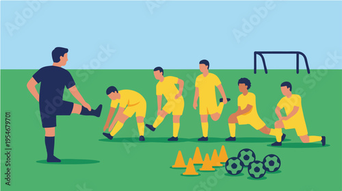 SOCCER TEAM WARM UP STRETCHING EXERCISES WITH COACH ON FIELD