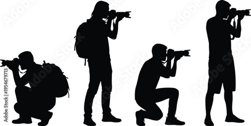 Black photographer silhouette collection set isolated on white background for professional photography, journalist, paparazzi, media and creative digital camera illustration.