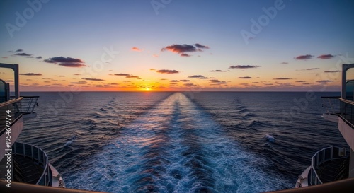 A panoramic view of the ocean at sunset, with a ship leaving a trail of white foam in its wake.