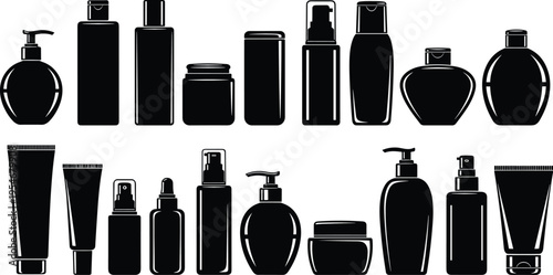 Black silhouette collection of cosmetic bottles and tubes including spray pumps, cream jars, and lotion dispensers for beauty product packaging design.