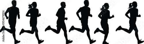 People running silhouette set, men and women jogging together, marathon runners group, fitness workout, healthy lifestyle, sports competition, vector illustration.