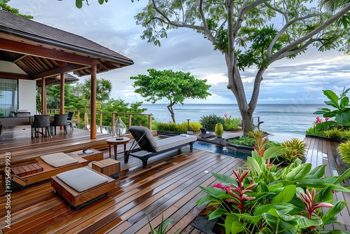 Relaxing outdoor living space overlooking the ocean tropical paradise lifestyle serene environment panoramic view