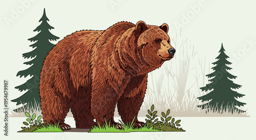 Magnificent Brown Bear Standing in a Forest Landscape Vector Illustration for Nature Enthusiasts