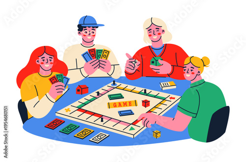 Group of friends playing an engaging board game with cards and dices. People having fun together. Flat vector illustration.
