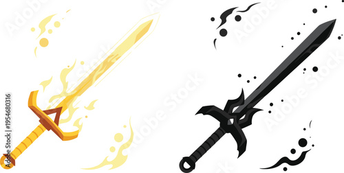 Fantasy swords set with fire and dark magic effects game weapon vector illustration