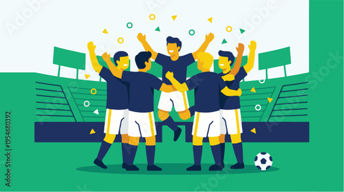 Soccer players celebrating goal victory at stadium 2026 world cup