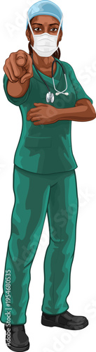 A black woman doctor or nurse medical healthcare health professional. Dressed in scrubs and PPE mask pointing in a classic needs you pose