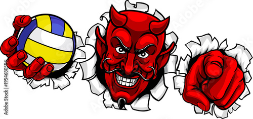 A devil man holding volleyball ball, breaking through the background and pointing sports team mascot illustration.