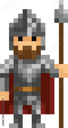 Knight warrior fantasy cartoon character in a video game sprite pixel art style. 15 squares wide by 28 high.