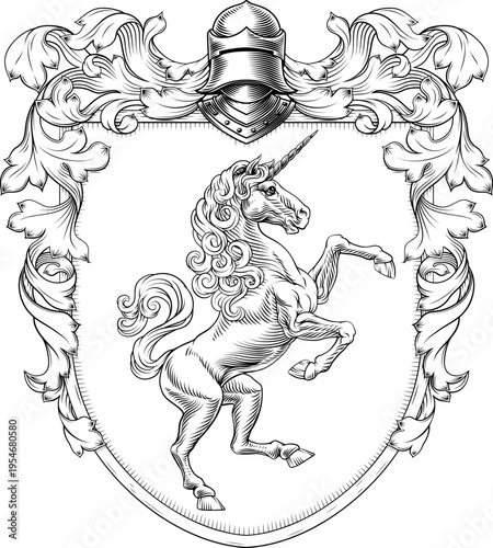 A Unicorn coat of arms or crest family heraldry medieval heraldic knight shield with helmet and acanthus filigree scroll ornament in a vintage woodcut style.