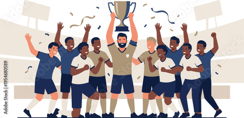 Soccer team celebrating victory with trophy for 2026 world cup