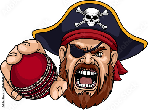A Pirate man holding Cricket ball sports team cartoon charcater mascot illustration.