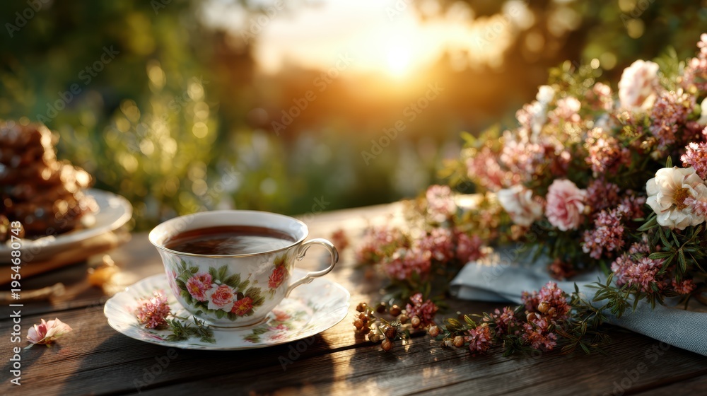 Fototapeta premium A beautiful floral tea cup filled with tea is surrounded by delicate flowers and pastries, creating a serene setting that captures the essence of relaxation and nature's beauty.