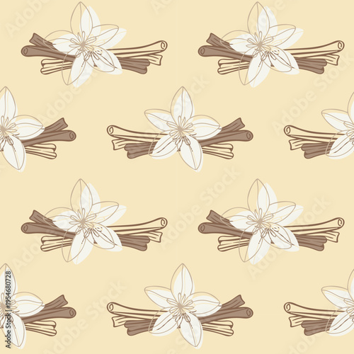 Seamless pattern with vanilla flowers and cinnamon sticks in hand-drawn line art style on warm beige background