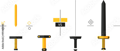 Sword icon set with weapon comparison and minimal flat design vector illustration